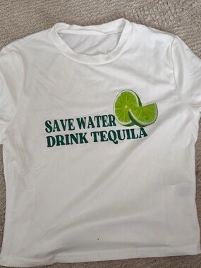 SHEIN White Crop Tee with Green Lime Graphic
